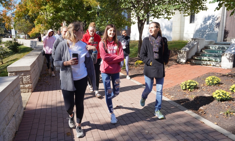 Denison University students walking on campus